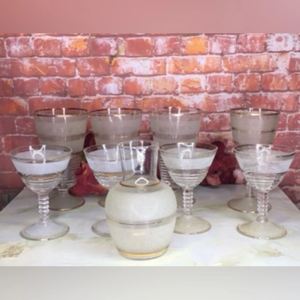 Vintage MCM Federal Glass Frosted Gilt Gold Rimmed Nine Piece Bar Set